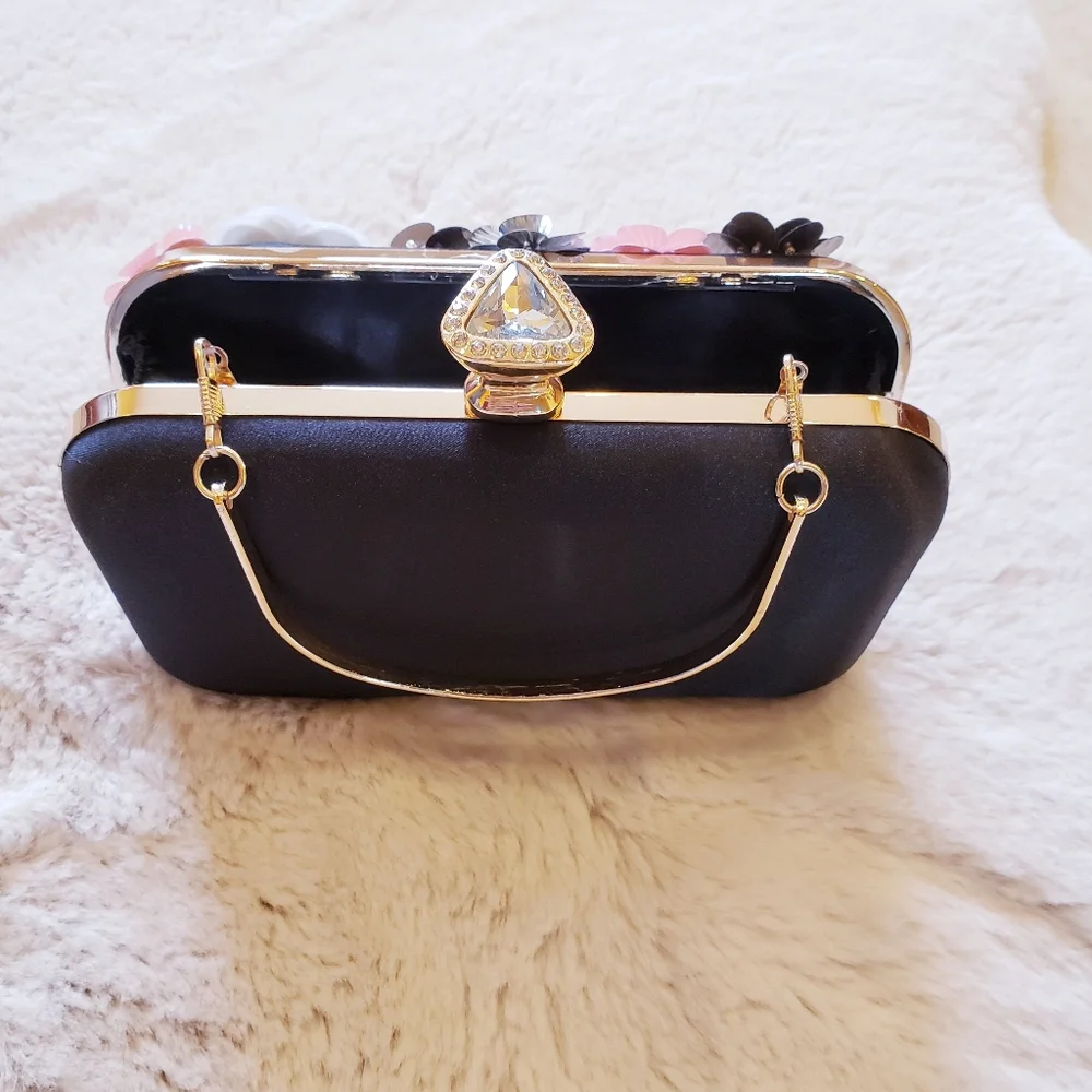 Women's Evening Bag Flower Party Prom Clutch Purse Floral Bride Black Handbag